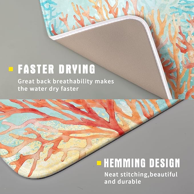 Giwawa Coastal Coral Dish Drying Mat Beach Ocean Drainer Rack Mat 16x18 Inch Microfiber Absorbent Reversible Dish Dry Pad for Kitchen Counter Sink