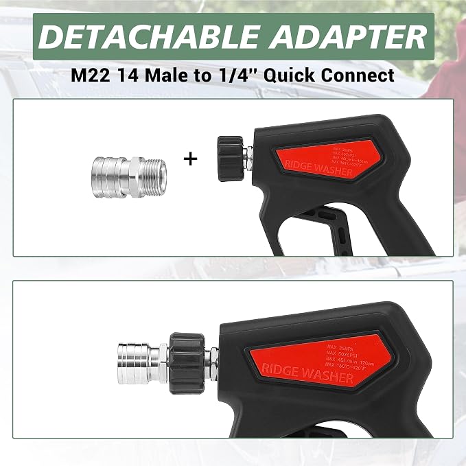 RIDGE WASHER Pressure Washer Gun 5000 PSI, 12 GPM, M22 Fitting | Detachable M22 14 Male to 1/4" Quick Connect, 360° Swivel 3/8'' NPT Thread