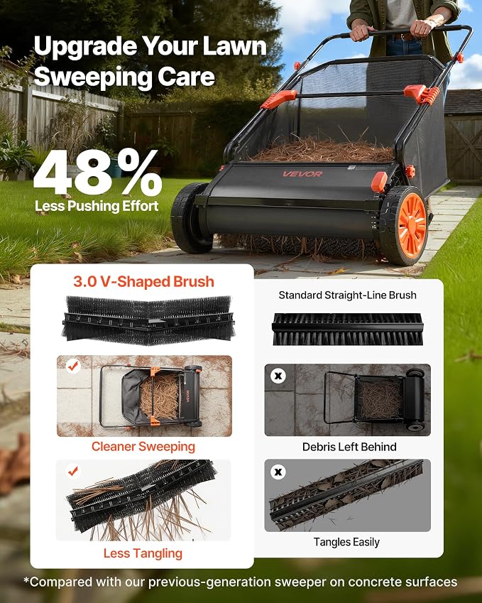 VEVOR Push Lawn Sweeper 30 in Leaf & Grass Collector 12 cu. ft. Hopper Bag | Heavy Duty Yard Sweeper with Adjustable Brush Height, Spinning Brushes, Rubber Wheels for Leaves Grass Cleanup, Black/Orange