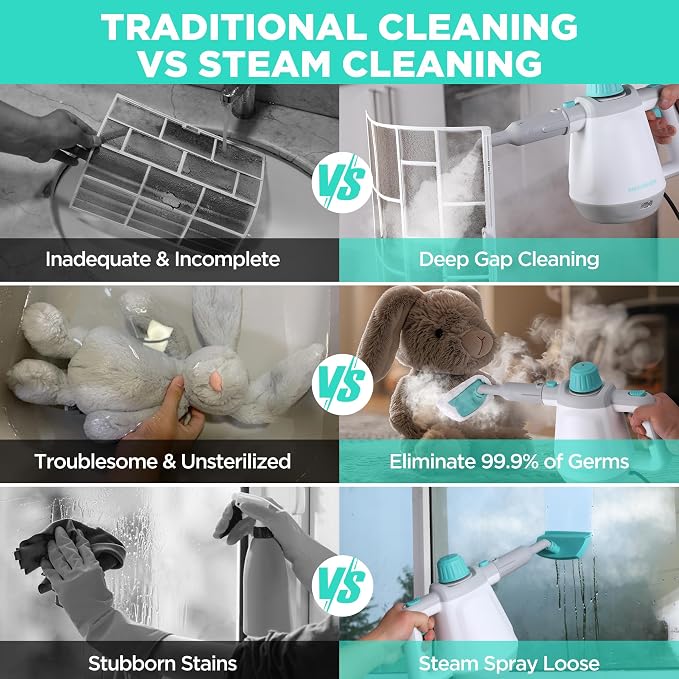 HAUSHOF Handheld Steam Cleaner, 11 pcs Accessories | Tool Bag, Safety Lock, for Home, Cleaning Floor, Car, Upholstery, Grout and Grease