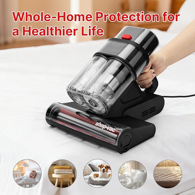 Shop-Vac Mattress Vacuum Cleaner, 14KPa Powerful Bed Vacuum, 5430326 | HEPA Filter & UV-C Light, Ultrasonic, 36960 Rpm/Min Tapping, Dual Cup Filtration, For Bed, Sofa, Couch, 400W, 15.4 Ft Corded