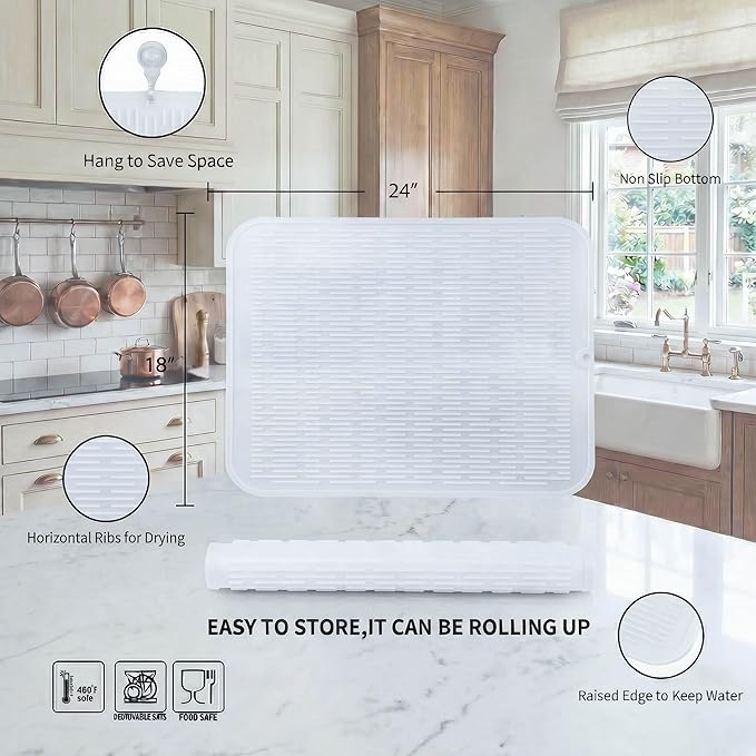 MicoYang Silicone Dish Drying Mat for Multiple Usage,Easy clean,Eco-friendly,Heat-resistant Silicone Mat for Kitchen Counter or Sink,Refrigerator or Drawer Liner Translucent 2XL 24 inches x 18 inches