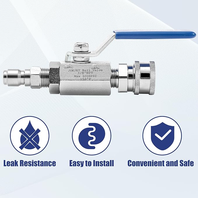 JOEJET Ball Valve Pressure Washer, 3/8" Quick Connect, 5000 PSI | Shut Off Valve for Power Washer Hose with Widened Handle, Stainless Steel