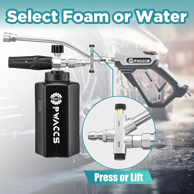 PWACCS Pressure Washer Foam Gun with Dual Connector, 1.5 Liter | Short Power Washer Gun Foam Cannon, Double Tip Attachment Car Wash Kit, 1/4" Quick Connector, M22 Male Inlet, 4000 PSI