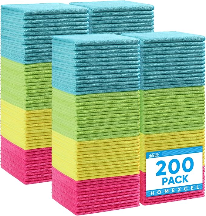 HOMEXCEL 200PK Microfiber Cleaning Cloth, Cleaning Rag for Home, 11.5x11.5 | Reusable, Lint Free, Scratch-Free and Highly Absorbent Towels for Kitchen, Window and Glass, Cars (Green/Blue/Yellow/Pink)