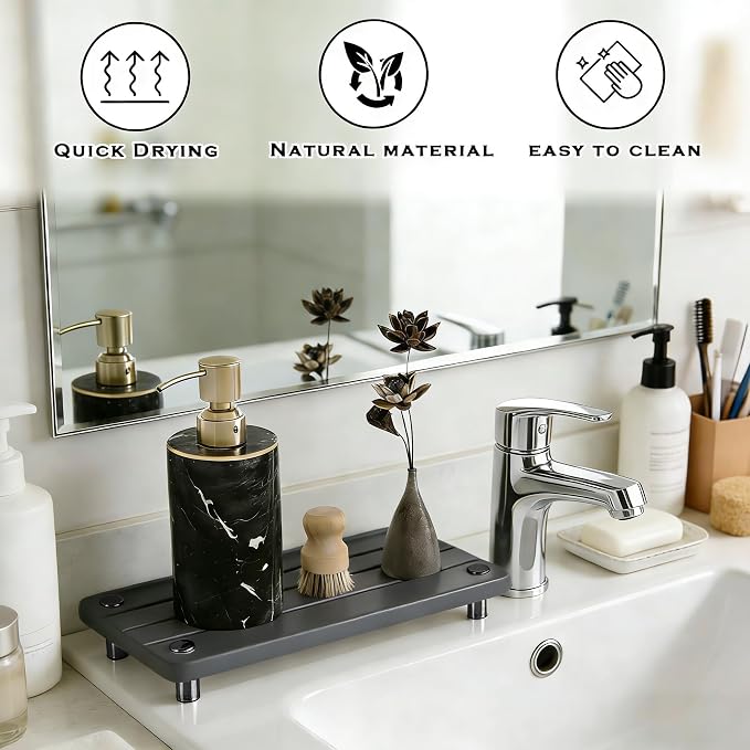 2PCS Instant Dry Sink Caddy for Bathroom Counter, Durable Kitchen Sink Organizer, Diatomite Stone Drying Tray, Upgrade Water Absorbing Stone Tray for Sink, Anti-Slip Stone Soap Tray -Dark Gray