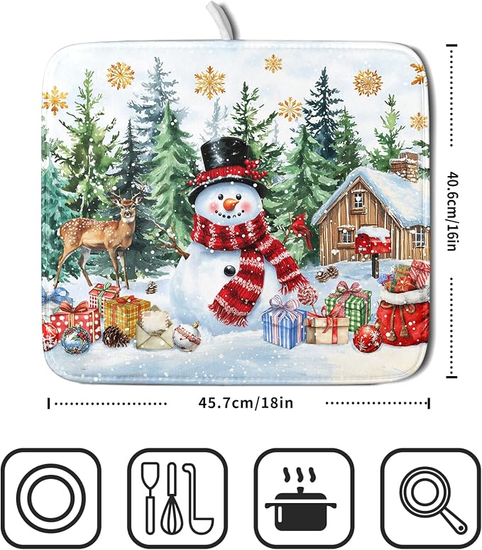 Christmas Kitchen Drying Mat 16 x 18 Inch Winter Snowflake Drying Pad Snowman and Tree Pattern Absorbent Reversible Microfiber Mats Dish Rack Pad Drainer Mat for Coffee Bar Decor