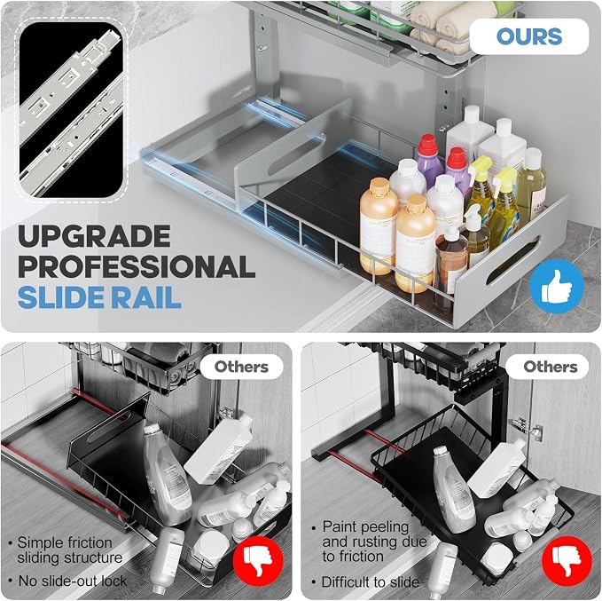 Under Sink Organizer Upgrade To Professional Rails,2-Tier Dual Pull Out Cabinet Storage,Height Adjustable Slide Out Drawers For Bathroom Kitchen,2 Pack-14.5"Dx12.8"-16.9"H,Gun Gray