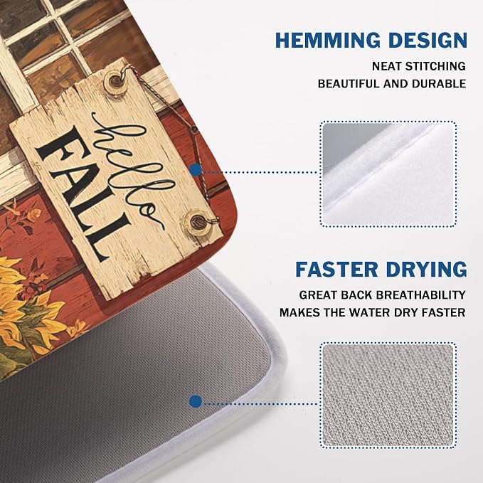 Fall Dish Drying Mat for Kitchen Counter Vintage Autumn Cat Sunflower Pumpkin Microfiber Dish Drainer Mat Rustic Farmhouse Absorbent Washable Drying Pad Extra Large 18"x24"