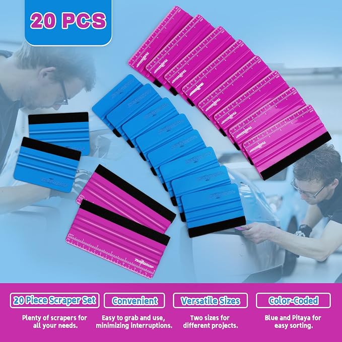 TECKWRAP Professional Felt Squeegee for Vinyl, 20 PCS | Plastic Felt Squeegee Tool, For Decals Inkjet Vinyl Sticker Paper, Wallpaper Application Tools, 6" Pitaya×10 & 4" Blue×10