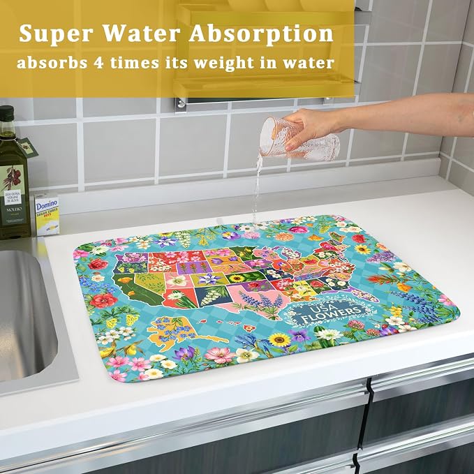 Flower Map Dish Drying Mat Colorful Floral Microfiber Large Dish Drying Pad for Kitchen Counter 18 X 24 In