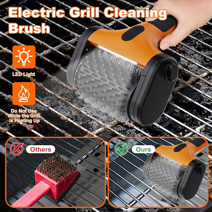 Electric Grill Brush – 2600mAh Rechargeable Outdoor Grill Cleaner, 2-Speed Adjustable (Up to 1000 RPM), 2 Replacement Heads, with LED Light, for BBQ Grates/Camping Stoves (Orange)