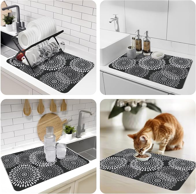 LuxStep Dish Drying Mat Super Absorbent Kitchen Counter Mat Rubber Backing Draining Mat Easy to Clean Kitchen Accessories Dish Rack Pad for Dishes, Utensils, Countertops, Sinks 16" x 24" Black