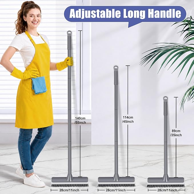 2 in 1 Floor Scrub Brush: Deck Brush with Squeegee | Long Adjustable Handle - 55'' Stiff Bristle Scrape Brush for Deck Patio Garage Shower Bathroom
