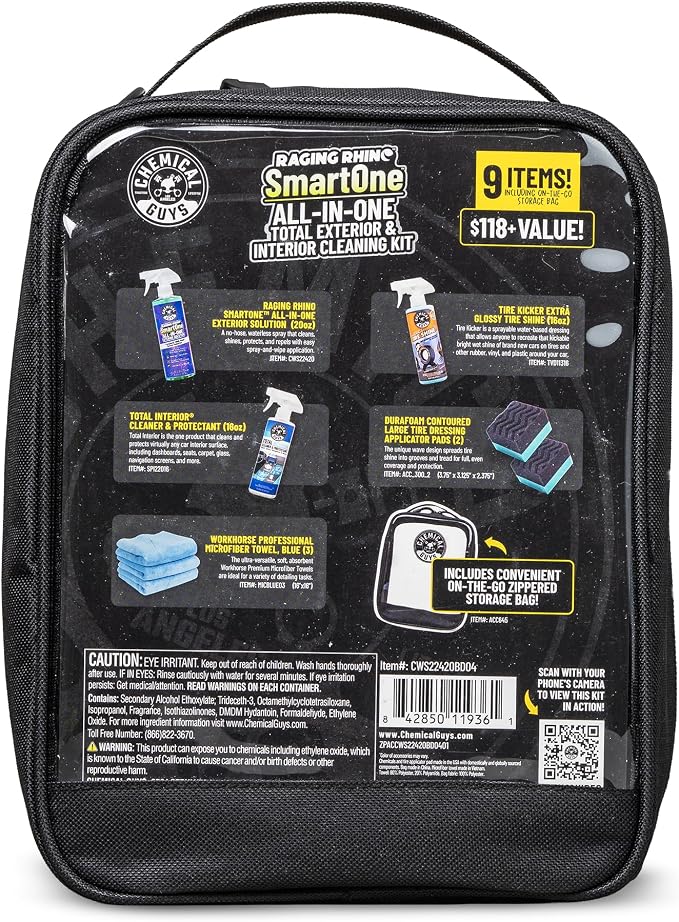 Chemical Guys, Raging Rhino Exterior, Interior & Tire Shine Kit | All-in-one exterior spray, interior cleaner, tire shine, microfiber towels and applicators in a storage bag, giftable set