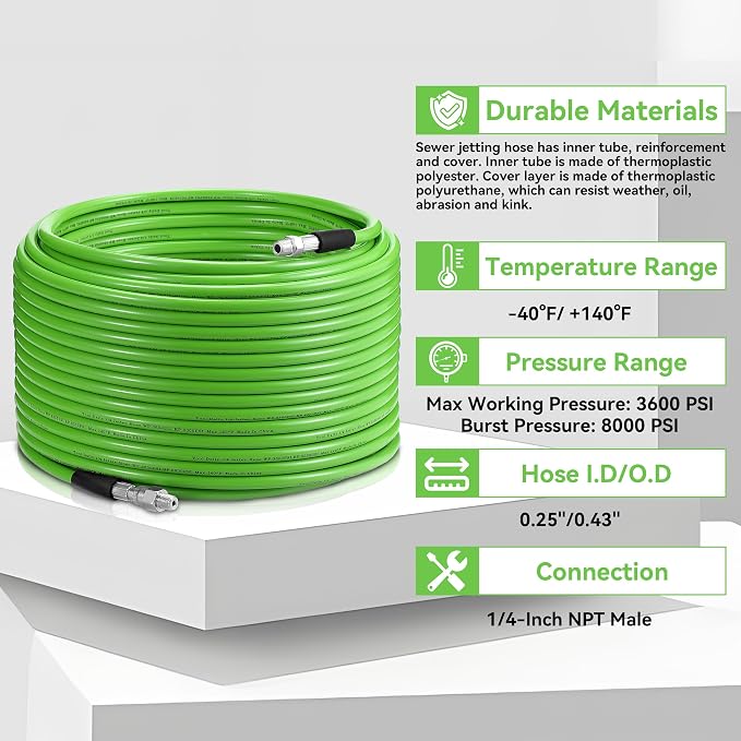 Tool Daily Sewer Jetter Kit for Pressure Washer 150 FT, Power Washer Gun | Drain Cleaner Hose 1/4 Inch NPT, Corner, Rotating and Button Nose Sewer Jetting Nozzle, 3600 PSI