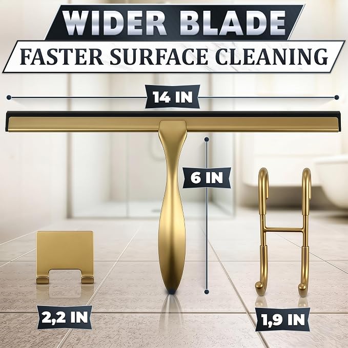 Gold Squeegee for Shower Glass, 14" Silicone Blade, Stainless Steel | Shower Door Squeegee with Hook, Adhesive Mount; All-Purpose Bathroom Tile, Mirror, & Window Wiper for Streak-Free Cleaning