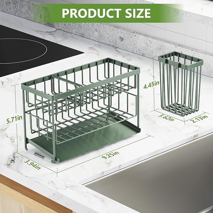 Cisily Sage Green 2-Tier Kitchen Sink Caddy Organzier Rack with Flexible Dish Brush Holder, Sponge Holder for Kitchen Sink Countertop Organization Storage, Home Decor