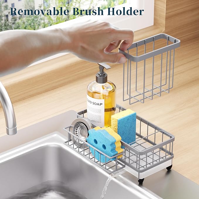 Consumest Sponge Holder for Kitchen Sink - Auto Draining Sink Caddy Organizer with Detachable Rack, High Brush Holder, Kitchen Countertop Storage Accessories, Grey