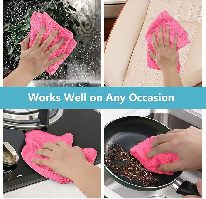 HOMEXCEL 8PK Microfiber Cleaning Cloth, Cleaning Rags for Home, 11.5x11.5in | Reusable, Lint Free, Scratch-Free and Highly Absorbent Towels for Kitchen, Window and Glass, Cars, Pink