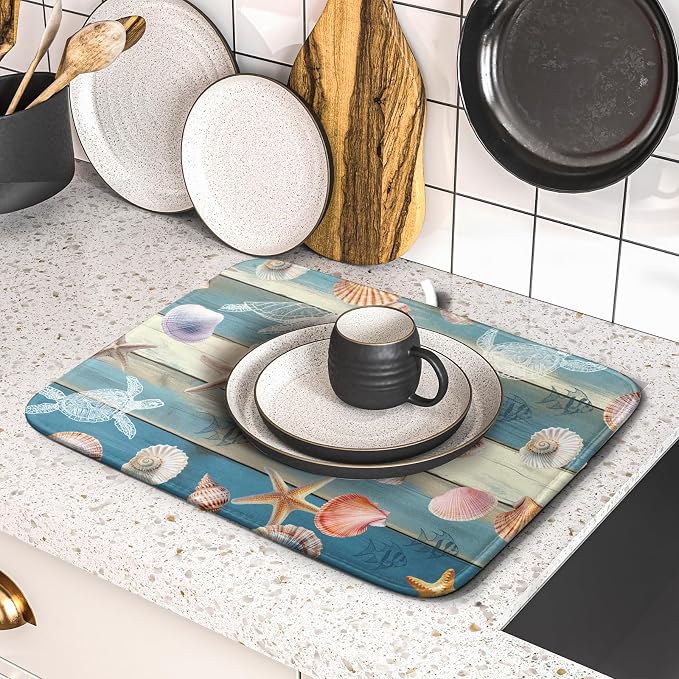 Giwawa Coastal Starfish Dish Drying Mat Summer Sea Turtle Drainer Rack Mat Absorbent Microfiber Kitchen Countertop Protector Dishes Pad 16x18 inch