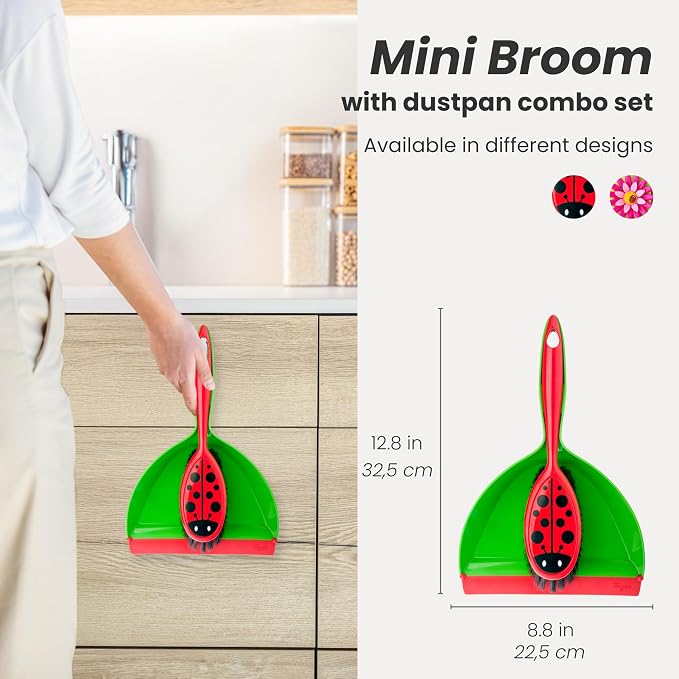 Vigar Flower Power Dust Pan and Brush Set, Green Red Black | Handheld Broom and Dustpan Set With Whisk Broom, Small Dustpan and Brush Set, Compact Indoor Sweeper for Countertop