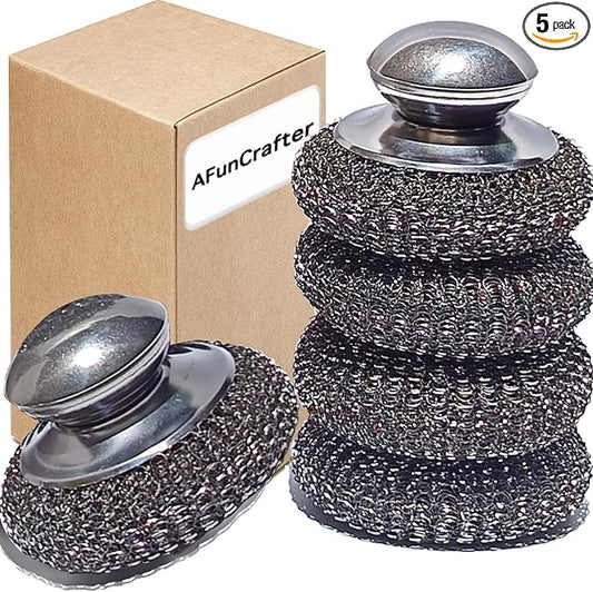 Stainless Steel Wool Scrubber with Handle, Heavy Duty Cleaner, Metal Pads | 2 Scrubbers + 3 Wire Sponge & Scouring Pads, Brush for Dishes Pots Pans Cast Iron, Sink Oven Grill