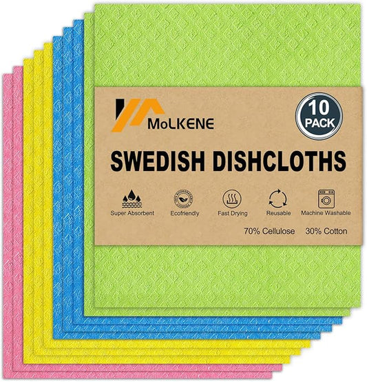 MoLKENE Swedish Dishcloths for Kitchen | 10 Pack Cellulose Sponge Dish Cloths Washable | Non-Scratch Reusable Towels Rags Ultra-Absorbent Cleaning Cloths Quick Drying
