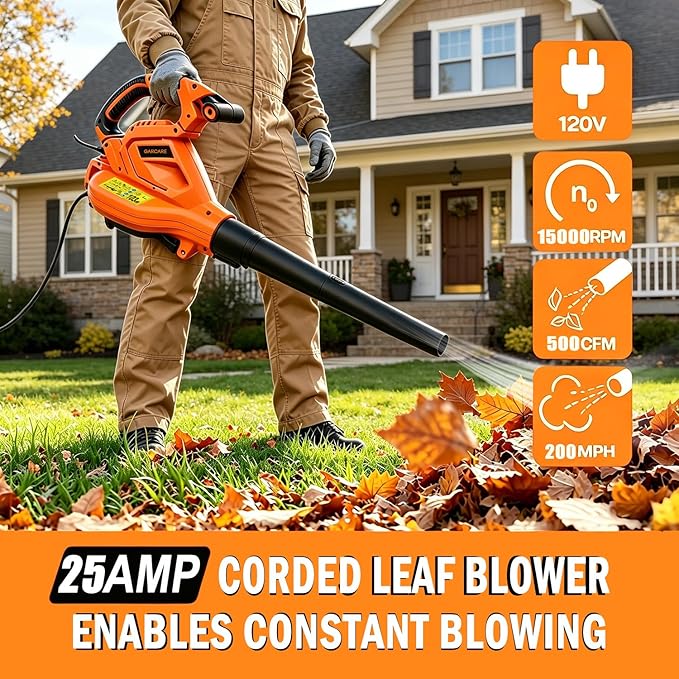 GARCARE 3-in-1 Electric Leaf Blower Vacuum & Mulcher Corded 500 CFM 200 MPH | Corded blower vacuum with collection bag, wheels & shoulder strap. Ideal for lawn, yard & patio leaf cleanup.