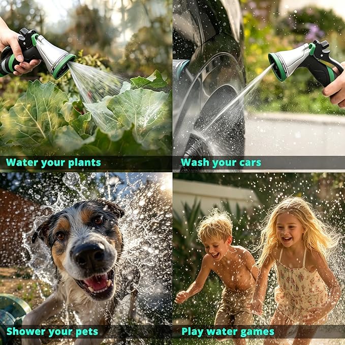 QUOBAS Metal Garden Hose Nozzle, Heavy Duty Water Hose Sprayer, Leak Proof | 10 Pattern Water Nozzle with Rubber Gasket, Garden Sprayer for Watering Plants, Washing Cars, Pet Shower, Green, 2-Pack