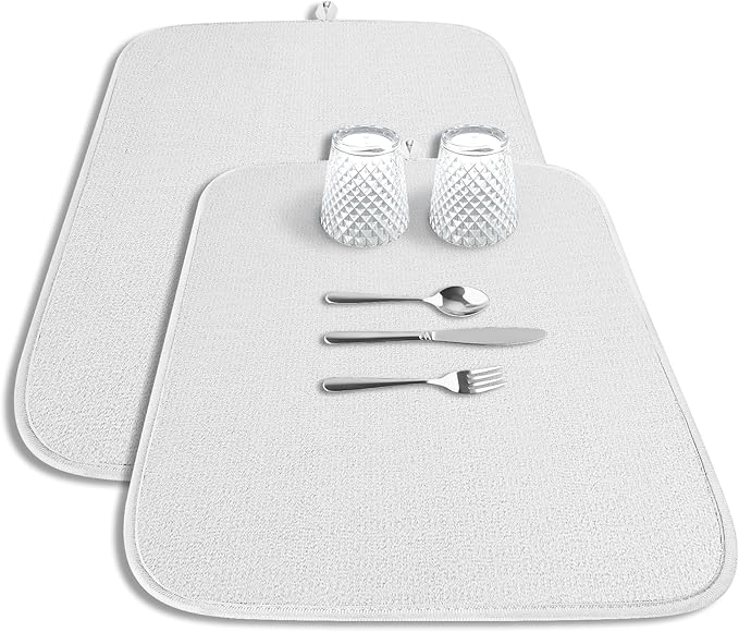 Kitsure Dish Drying Mat - 2-Pack Washable Microfiber Drying Mat for Kitchen Counter, 3-Layer Ultra Absorbent Pad with a Hanging Hook, 20" x 14", White