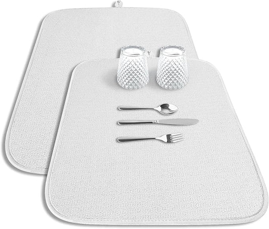 Kitsure Dish Drying Mat - 2-Pack Washable Microfiber Drying Mat for Kitchen Counter, 3-Layer Ultra Absorbent Pad with a Hanging Hook, 20" x 14", White