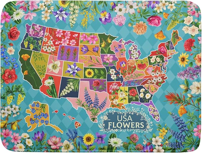 Flower Map Dish Drying Mat Colorful Floral Microfiber Large Dish Drying Pad for Kitchen Counter 18 X 24 In