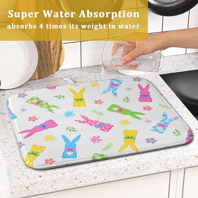 Easter Dish Drying Mat for Kitchen Counter Cute Bunny Floral Holiday Microfiber Absorbent Dish Draining Reusable Washable Foldable 16"x18"