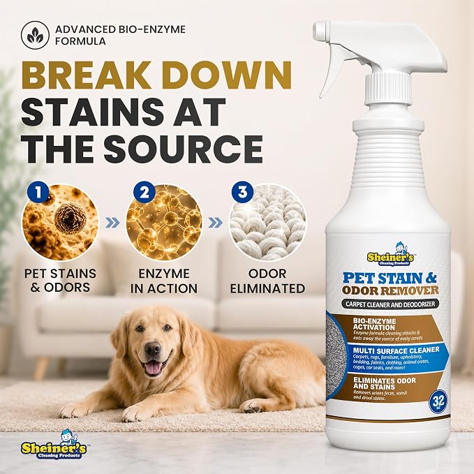 Sheiner's Pet Stain Remover & Pet Odor Eliminator, Advanced Cleaning Bio-Enzyme Cleaner Solution for Carpets, Rugs, Upholstery & Multi-Surfaces, Safe for Pets & Kids. (32 oz)