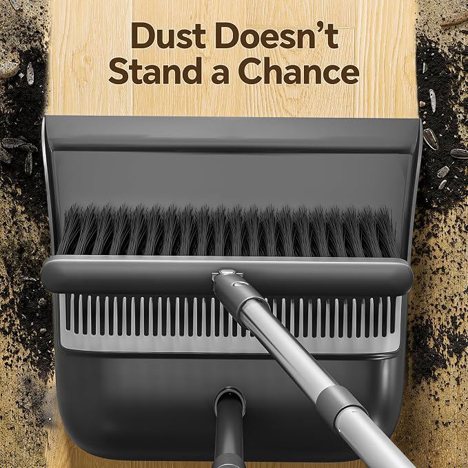 Broom and Dustpan Set, 52" Long Handle with Dust Pan Teeth, Black | Standing Broom with Dustpan Combo Set Clean Pet Hair, Easy Sweeping Suitable for Home Kitchen Office Lobby