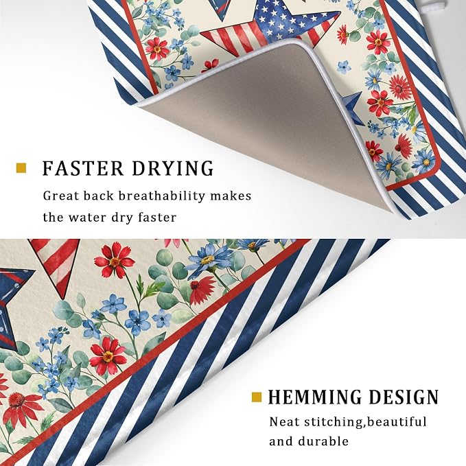 Patriotic Stars Dish Drying Mat for Kitchen Counter 4th of July Holiday Absorbent Reversible Microfiber Dish Pad Large