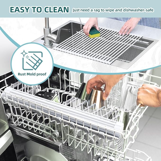 Ohuhu Over Sink Dish Drying Rack, 17.6" W x 15.4" L Roll Up Dish Racks Kitchen Sink Organizer Silicone Wrapped Large in Sink Dish Drying Rack Foldable Rolling Drain Mats Anti-Slip