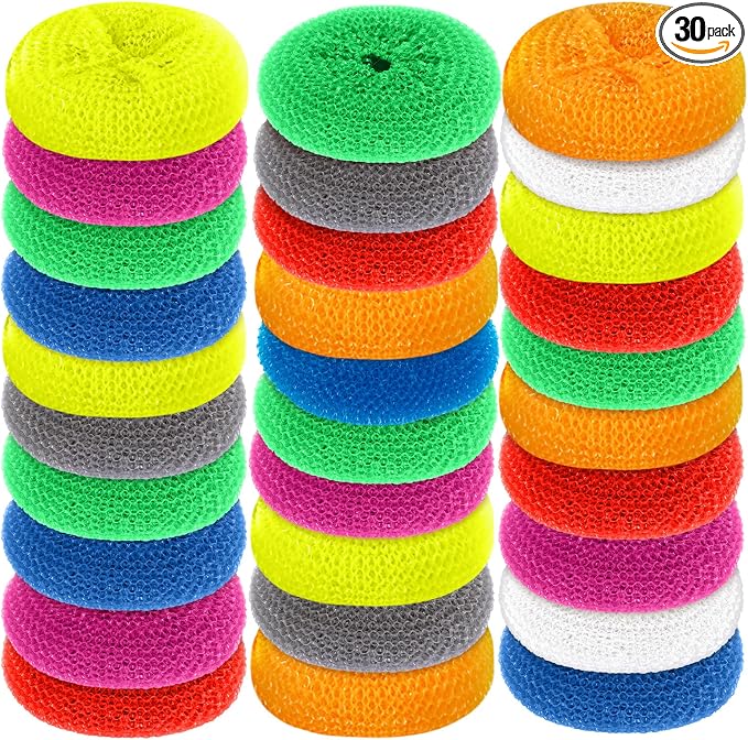 Blulu 30 Pieces Plastic Dish Scrubbers for Dishes Pot Round Nylon Pad, Mesh Scouring Non Scratch Pads (Rainbow Colors)
