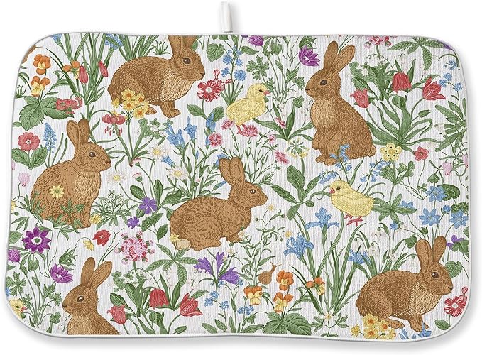 Spring Dish Drying Mat 18x24 Inch Easter Rabbit Bunny Floral Drying Mat Sage Green Wildflower Holiday Absorbent Dish Drying Pad Dish Rack Drainer Mats for Kitchen Dining Counter