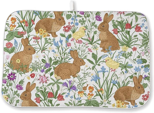 Spring Dish Drying Mat 18x24 Inch Easter Rabbit Bunny Floral Drying Mat Sage Green Wildflower Holiday Absorbent Dish Drying Pad Dish Rack Drainer Mats for Kitchen Dining Counter