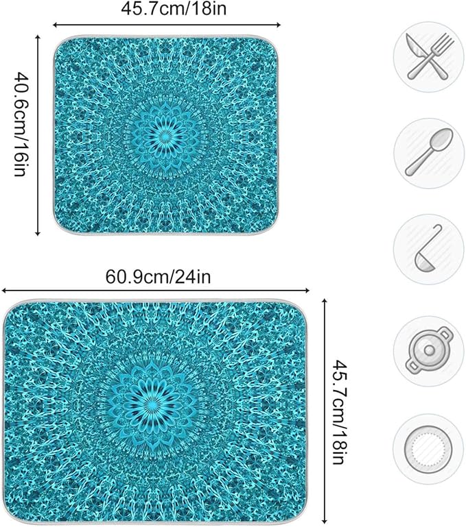 Super Absorbent Dish Drying Mat, Microfiber Fast-Drying Dish Mat, 24" x 18", Kitchen Dish Drying Pad, Mandala Turquoise Teal Blue Green