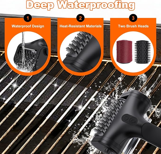 Electric Grill Brush – 2600mAh Rechargeable Outdoor Grill Cleaner, 2-Speed Adjustable (Up to 1000 RPM), 2 Replacement Heads, with LED Light, for BBQ Grates/Camping Stoves (Black)