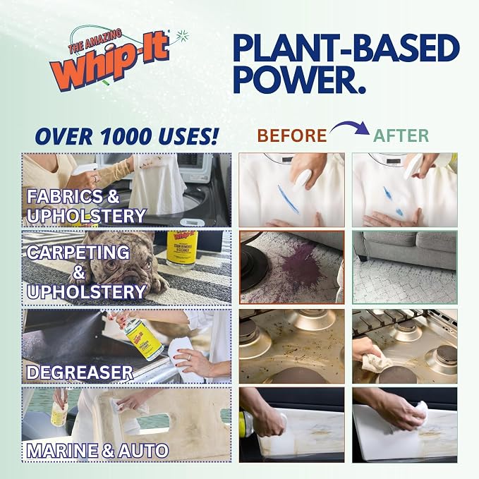 Whip-It Stain Remover and Concentrate Kit, 2-32oz Concentrates & 1-32 OZ Pro Spray Stain Remover, Makes 64 Bottles, Removes Coffee, Wine, Baby Stains, Pet Stains, Plant Based, Enzyme Cleaner, 500 Uses