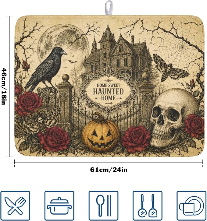 Halloween Pumpkin Dish Drying Mat for Kitchen Counter 18 x 24 Inch Ghost Castle Dish Drainer Mat Absorbent Microfiber Rose Skull Crow Dish Rack Pad for Coffee Dining Bar Decor