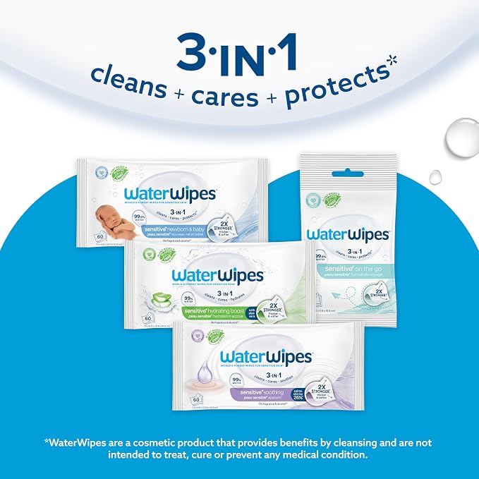 WaterWipes Sensitive+ On The Go Wipes, 3-In-1 Cleans, Cares, Protects, 99.9% Water, Unscented & Hypoallergenic Wet Wipes, 28 Count (Pack of 2)