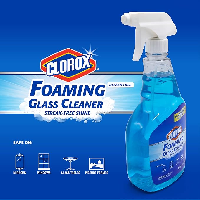 Clorox Foaming Glass Cleaner Trigger Spray, Streak Free No Drip Formula for Windows, Mirrors, and Glass Surfaces, All Purpose Household Cleaning Spray in Fresh Scent, 23 Ounce