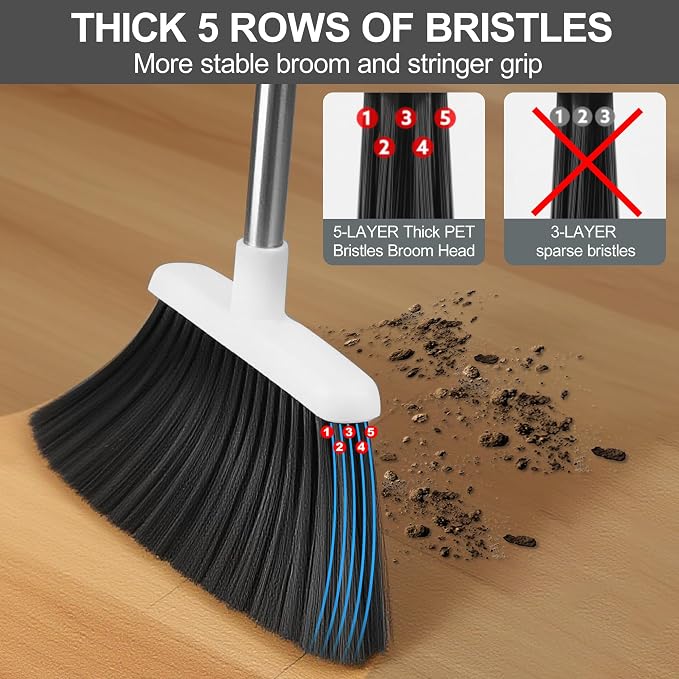 Broom and Dustpan Set, 52" Adjustable Handle Broom, White | Dustpan Self-Cleaning Teeth for Hair, 52" Long Handle Standing dustpan,Suitable for Home Kitchen Office Hall Floor