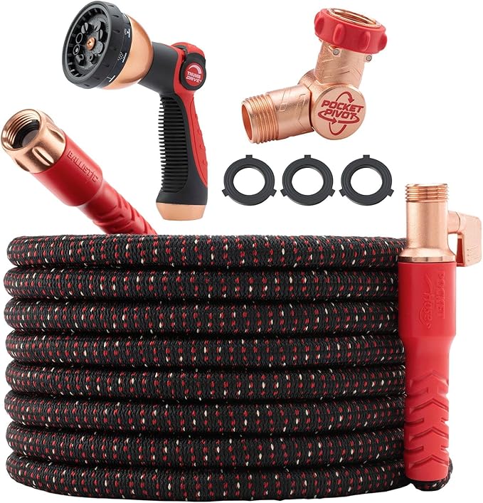 Pocket Hose Ballistic 100 FT Expandable Garden Hose, No-Kink, As Seen on TV | Anti-burst sleeve reinforced with bulletproof fiber, 360° swiveling pocket pivot connector, lightweight compact design