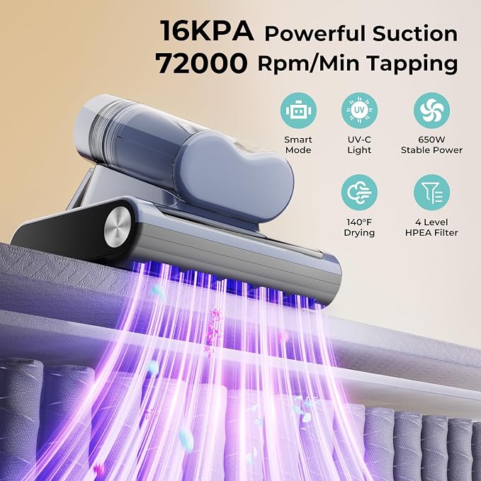 Candy Mattress Vacuum Cleaner, 16Kpa Bed Vacuum Cleaner with UV-C Light, 140°F Heat, 4 Level HEPA Filter & Ultrasonic, Versatile Handheld Vacuums for Bed, Sofa, Couch, Crib(Corded, 650W)